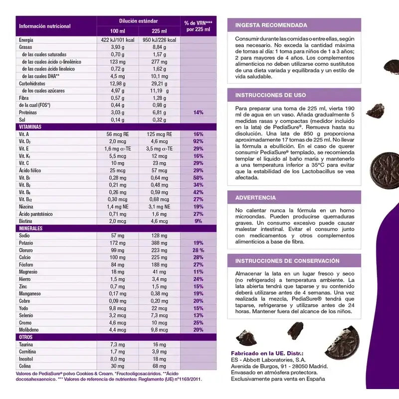 Pediasure Cookies & Cream + Boisson Chocolat Enfants, 850 gr + 4 Bouteilles Chocolat x 220 ml