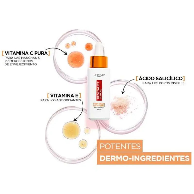 L'Oréal Paris Revitalift Clinical Serum [Wrinkle-Tone-Pores] avec 12% de vitamine C pure + vitamine E + acide salicylique.