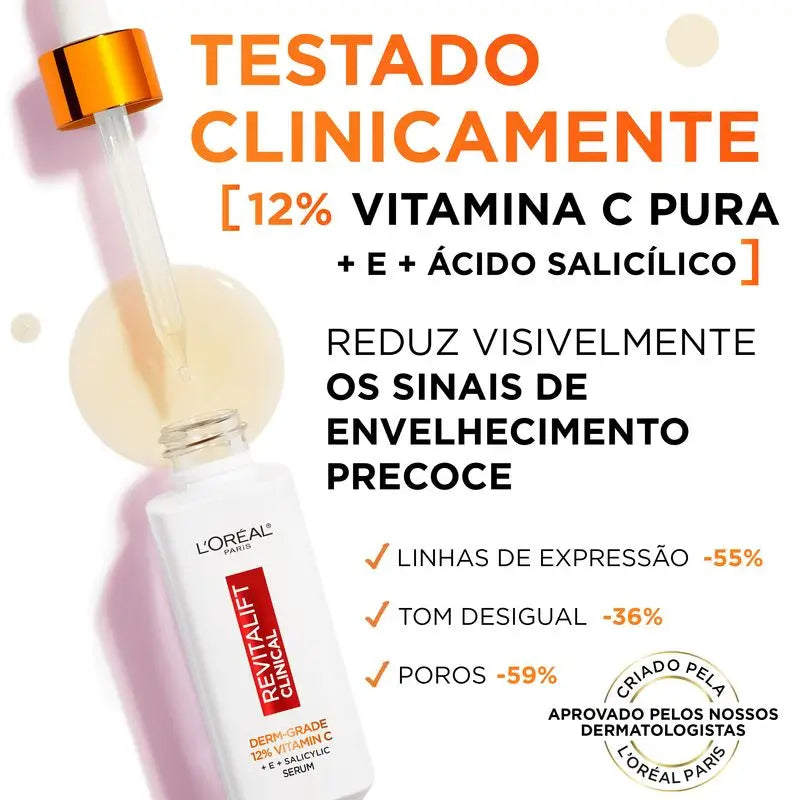 L'Oréal Paris Revitalift Clinical Serum [Wrinkle-Tone-Pores] avec 12% de vitamine C pure + vitamine E + acide salicylique.