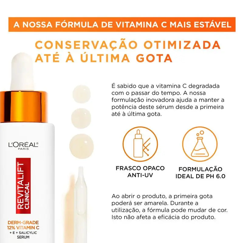 L'Oréal Paris Revitalift Clinical Serum [Wrinkle-Tone-Pores] avec 12% de vitamine C pure + vitamine E + acide salicylique.