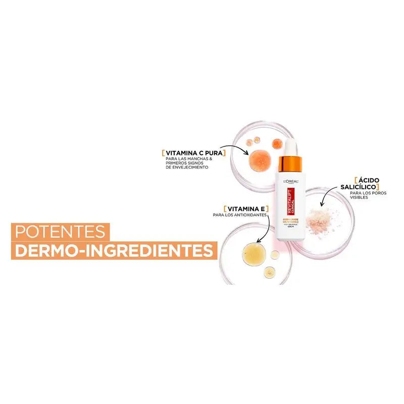 L'Oréal Paris Revitalift Clinical Serum [Wrinkle-Tone-Pores] avec 12% de vitamine C pure + vitamine E + acide salicylique.