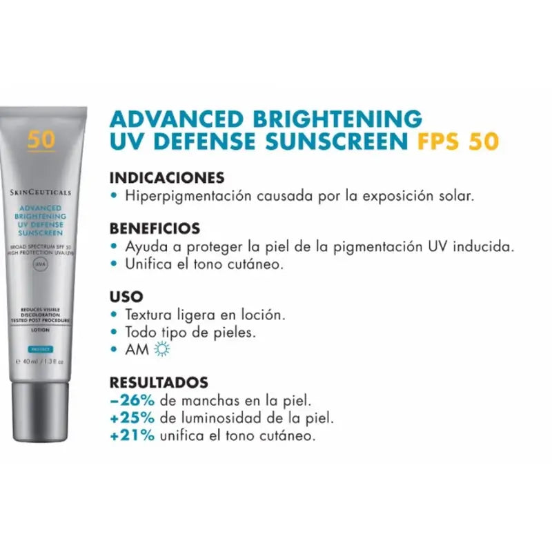 SkinCeuticals Advanced Brightening UV Defense, crème solaire et soin du visage SPF 50, 40 ml