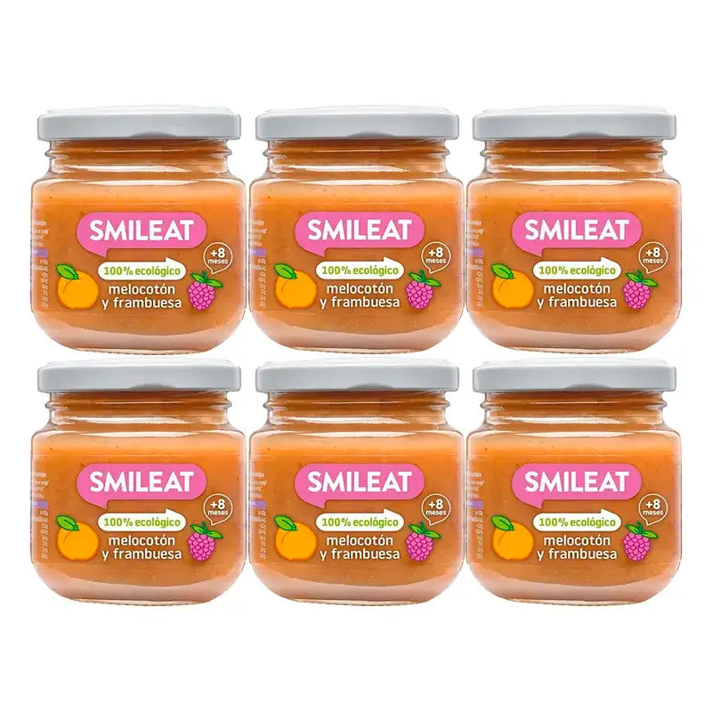 Smileat Bocal de fruits bio framboises et pêches, Pack 6 x 130 Gr