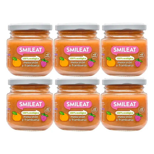 Smileat Bocal de fruits bio framboises et pêches, Pack 6 x 130 Gr