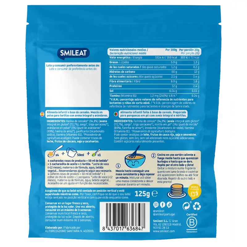 Smileat Mix Crêpes complètes à l'avoine et aux myrtilles , 125 gr ECO
