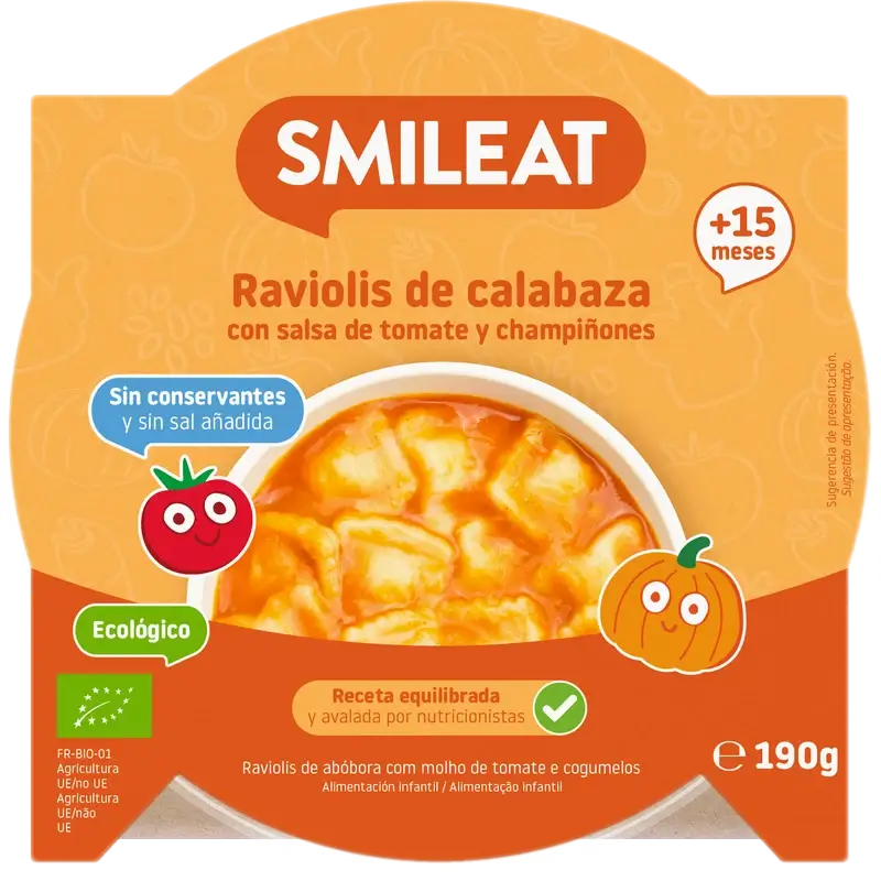 Smileat Petite assiette Raviolis au potiron à la sauce tomate Eco, 190 g