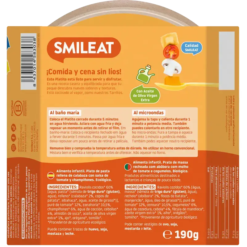 Smileat Petite assiette Raviolis au potiron à la sauce tomate Eco, 190 g