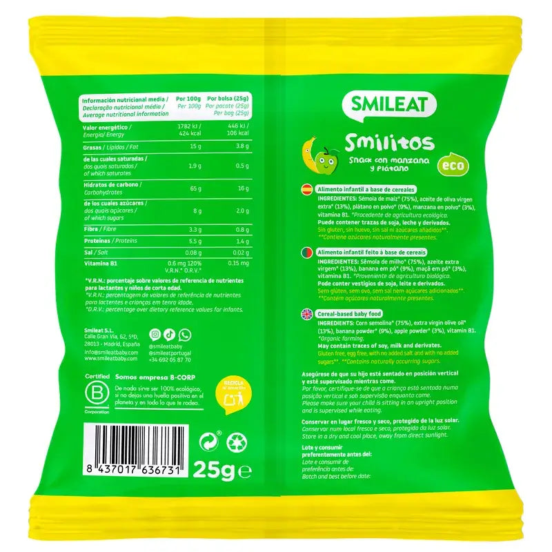 Smileat Smilito Snacks Pomme & Banane Eco Smileat , 25 grammes