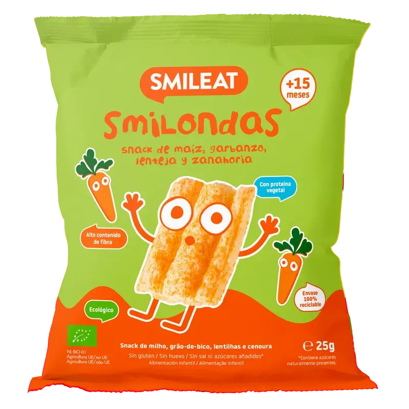 Smileat Smilondas Snack au maïs, légumes et carottes, 25 grammes