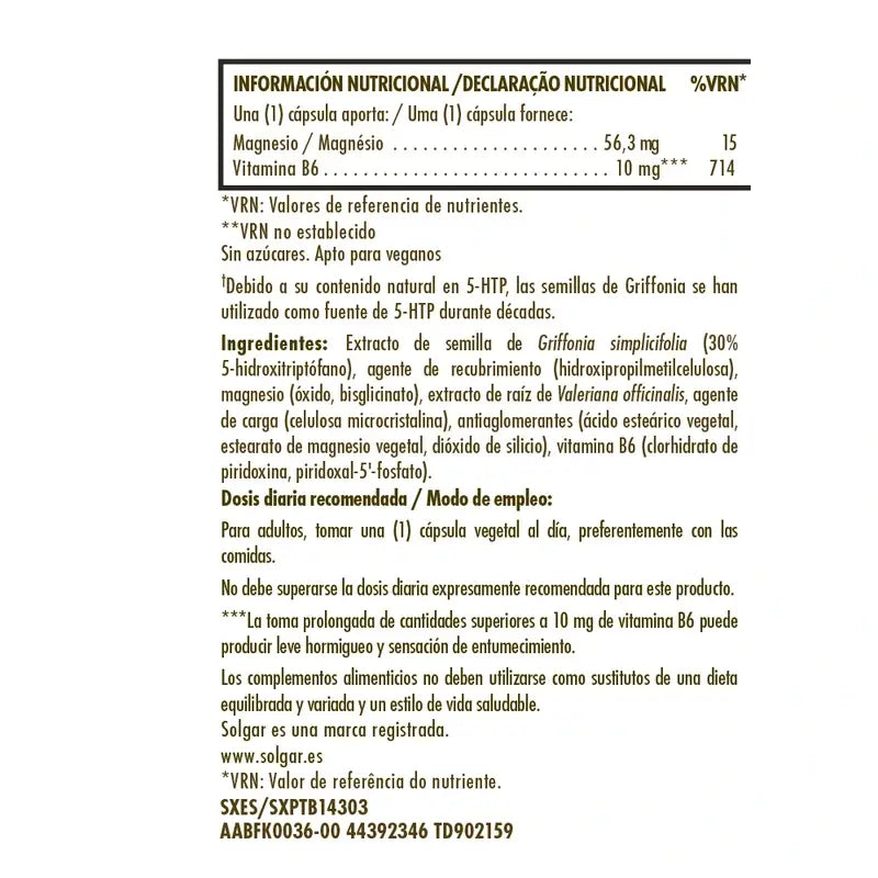 Solgar Griffonia 5 HTP Complex, 30 gélules