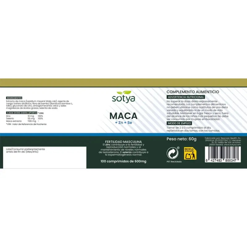 Sotya Maca + Zn + Se 100 comprimés 600mg