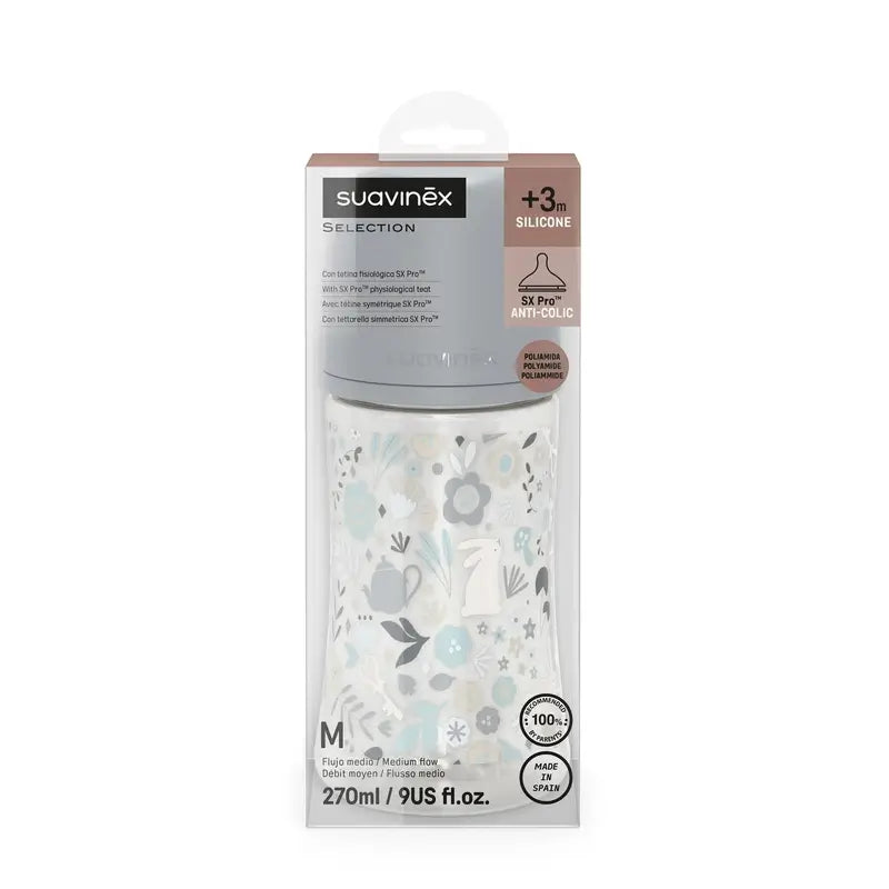 Biberon Suavinex 270 ml, débit moyen (M), +3 mois, Wonderland Flowers Blue