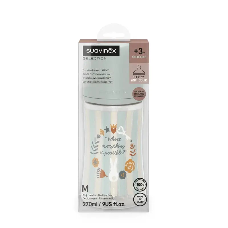 Biberon Suavinex 270 ml, débit moyen (M), +3 mois, Wonderland Green