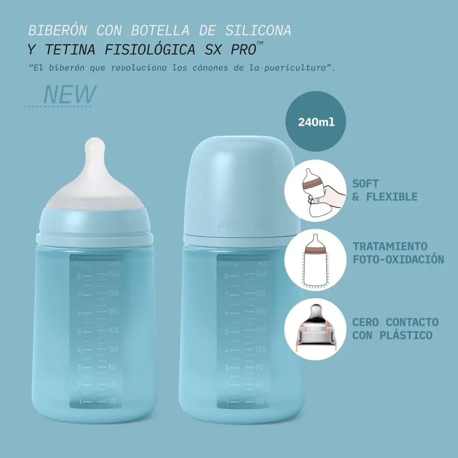 Biberon Suavinex avec biberon en silicone 240 ml, tétine physiologique Sx Pro, débit moyen (M). +3 Mois. Colour Essence, Tile