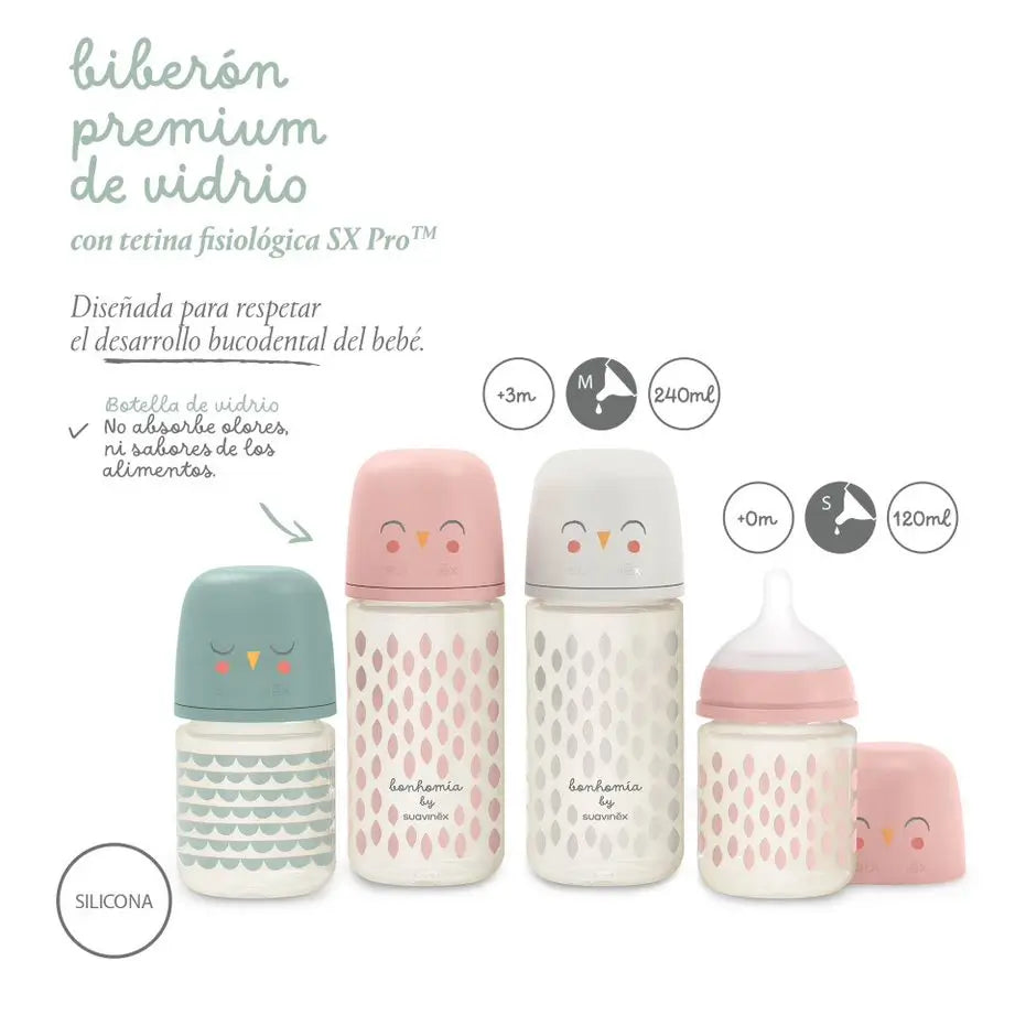 Suavinex Bouteille en verre 240 Ml. Tétine en silicone Sx Pro Physiologique. Biberon à débit moyen. +3 mois. Bonhomia, Beige