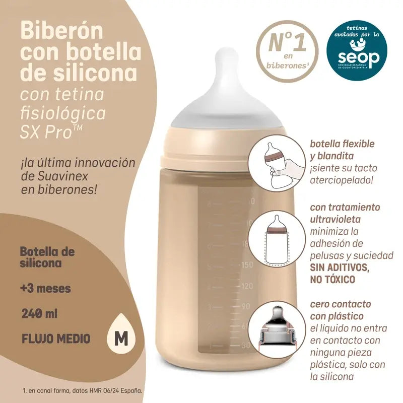 Suavinex Biberon en silicone 240 ml, débit moyen (M), +3 mois, Ballad Blue