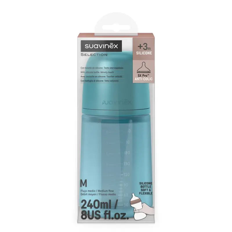 Biberon en silicone Suavinex 240 ml, débit moyen (M), +3 mois, Deep Ocean