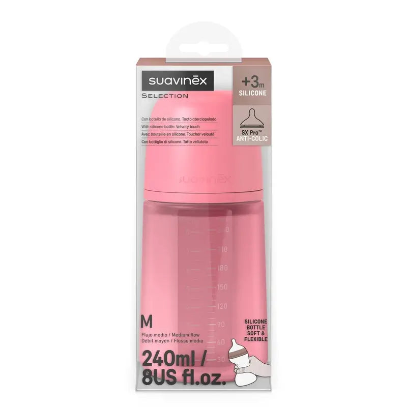 Biberon en silicone Suavinex 240 ml, débit moyen (M), +3 mois, Fuchsia