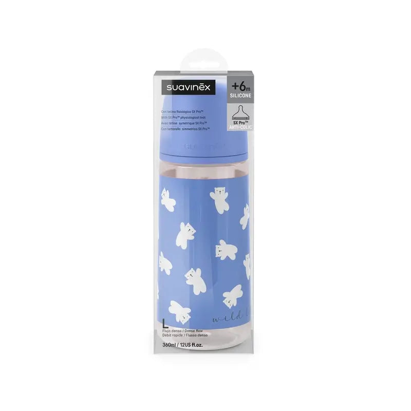 Suavinex Sx Pro Teat Dense Flow Bottle (L) +6 Months Wild&Free Blue, 360 ml