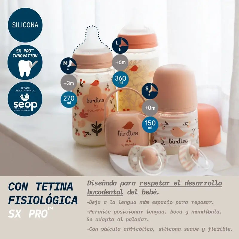 Suavinex Tétine pour biberon Sx Pro Slow Flow (S) +0 mois Birdies Pink, 150 ml