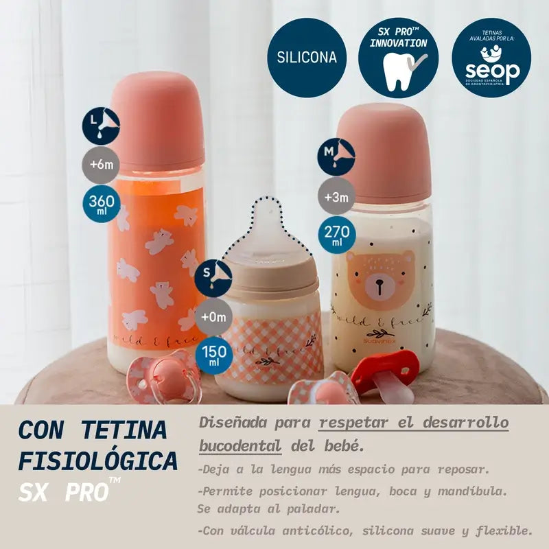 Suavinex Tétine pour biberon Sx Pro Slow Flow (S) +0 mois Rose Wild&Free, 150 ml