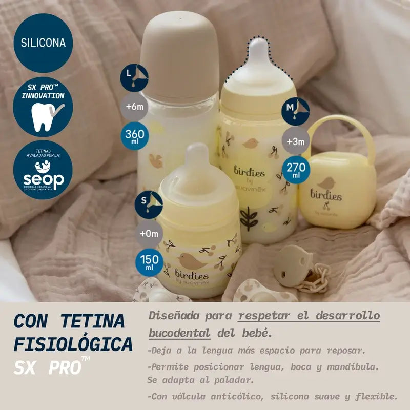 Suavinex Tétine pour biberon Sx Pro Medium Flow (M) +3 mois Birdies Beige, 270 ml