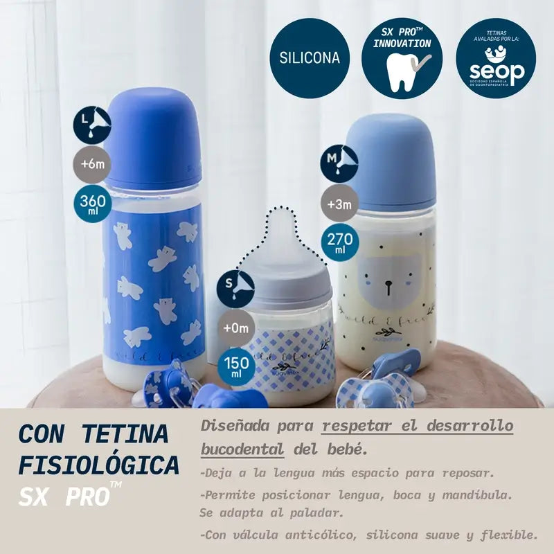 Suavinex Tétine pour biberon Sx Pro Medium Flow (M) +3 Mois Wild&Free Blue, 270 ml