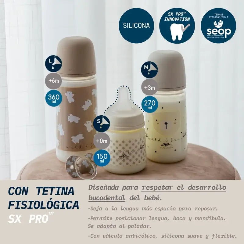 Suavinex Tétine pour biberon Sx Pro Medium Flow (M) +3 Mois Wild&Free Beige, 270 ml