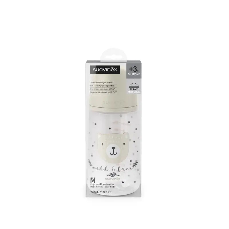 Suavinex Tétine pour biberon Sx Pro Medium Flow (M) +3 Mois Wild&Free Beige, 270 ml