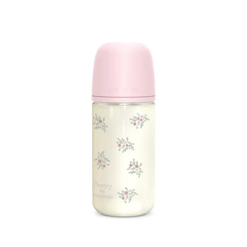 Suavinex Biberon en verre 240 ml, débit moyen (M), +3 mois, Poésie rose