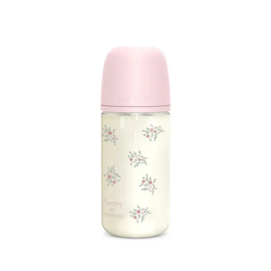 Suavinex Biberon en verre 240 ml, débit moyen (M), +3 mois, Poésie rose