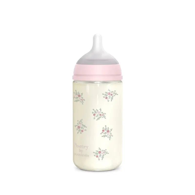 Suavinex Biberon en verre 240 ml, débit moyen (M), +3 mois, Poésie rose
