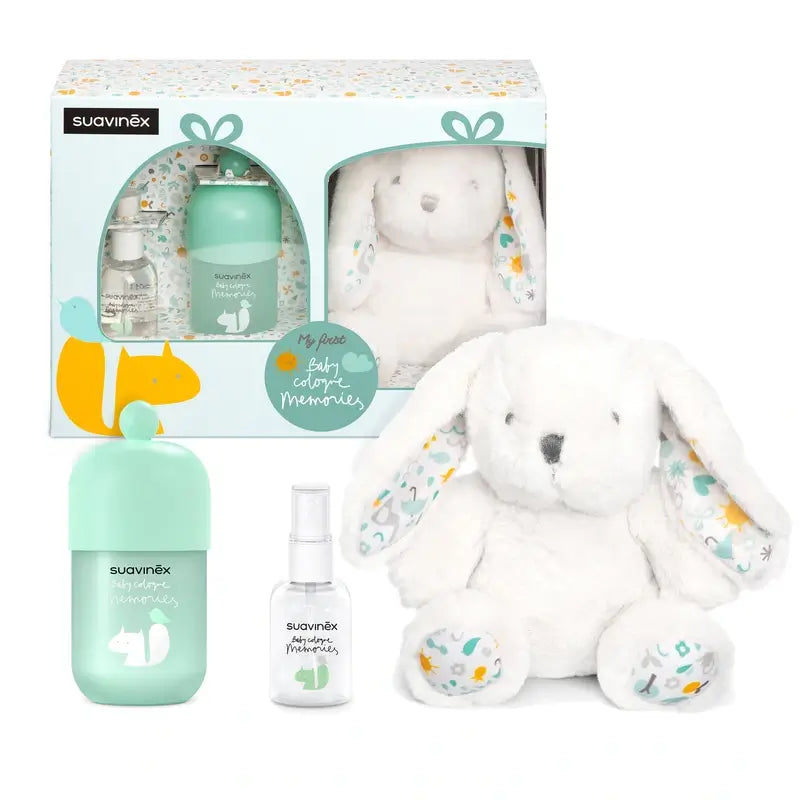 Suavinex Layette pour bébé avec Baby Cologne Memories 100 Ml + Travel Format 50 + Baby Soft Toy