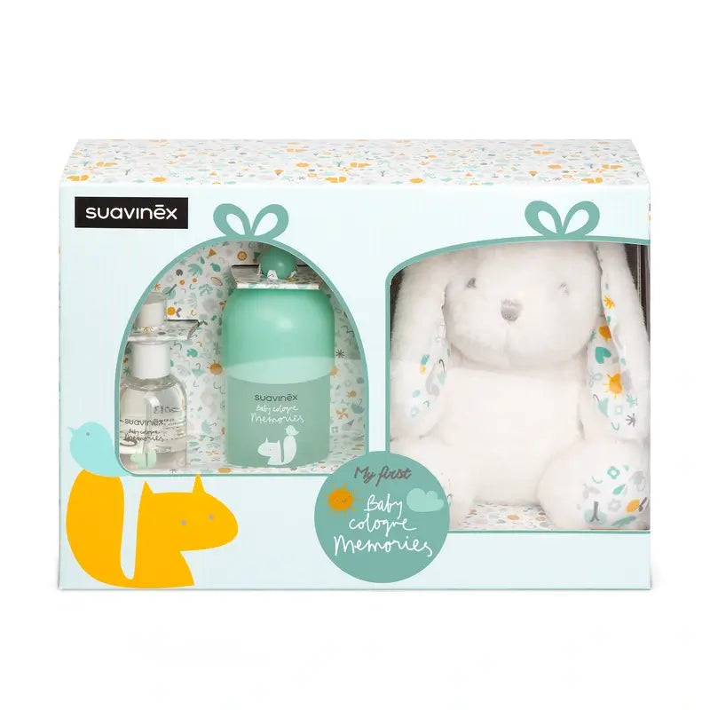 Suavinex Layette pour bébé avec Baby Cologne Memories 100 Ml + Travel Format 50 + Baby Soft Toy