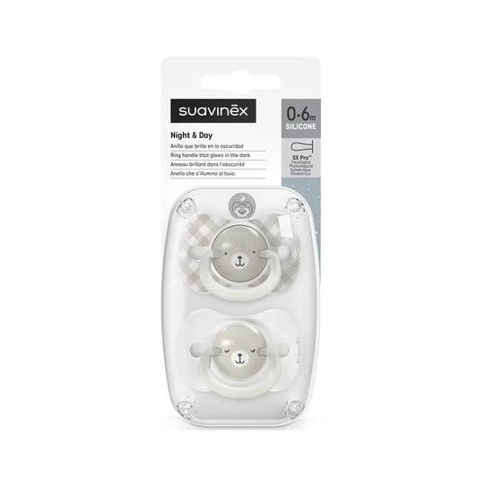 Suavinex Sucettes Night & Day Tétine Night & Day Sx Pro 0/6 Mois Gris, 2 unités