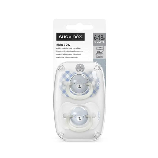 Suavinex Night & Day Sucettes de nuit Sx Pro Tétine 6/18 Mois Bleu, 2 unités
