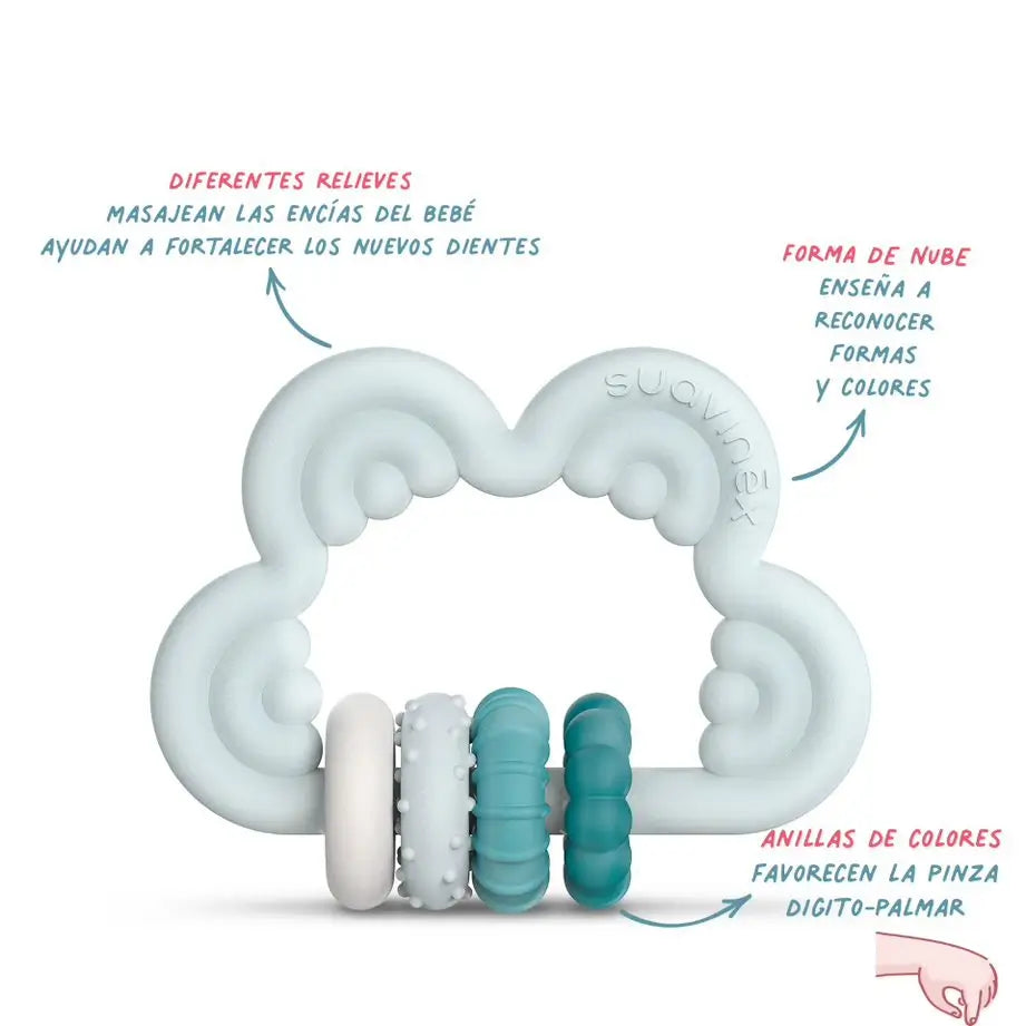 Suavinex Teether Jouet d'éveil en silicone +6 mois, nuage, bleu