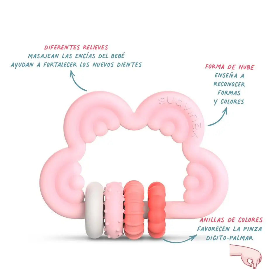Suavinex Teether Jouet d'éveil en silicone +6 mois, nuage, rose