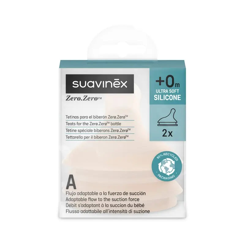 Suavinex Pack 2 Tétines Zéro Zéro, Adaptable Flow (A), +0 Mois, Fair