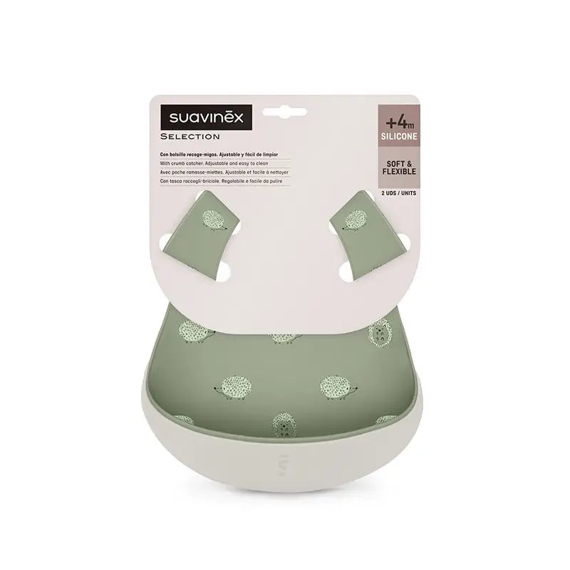 Suavinex Pack de 2 bavoirs imperméables en silicone souple avec pochette ramasse-miettes, +4 mois, vert + gris