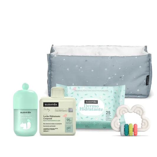Suavinex Baby Gift Lait pour bébé 300 Ml + Mémoires de Cologne pour bébé 100 Ml + Lingettes + Jouet d'éveil, Bleu