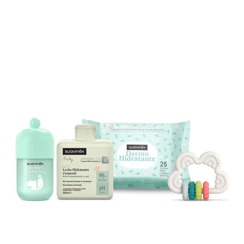 Suavinex Baby Gift Lait pour bébé 300 Ml + Mémoires de Cologne pour bébé 100 Ml + Lingettes + Jouet d'éveil, Bleu