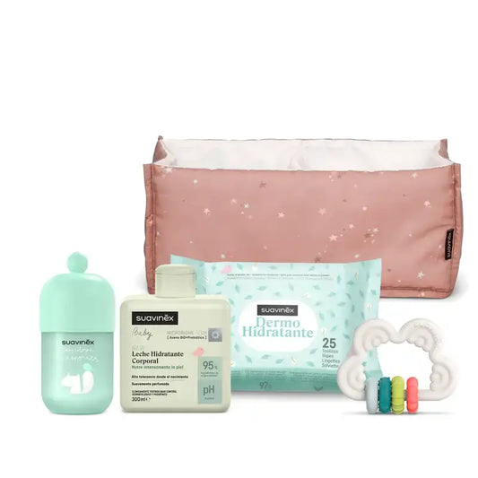 Suavinex Baby Gift Lait pour bébé 300 Ml + Mémoires de Cologne pour bébé 100 Ml + Lingettes + Jouet d'éveil, Rose