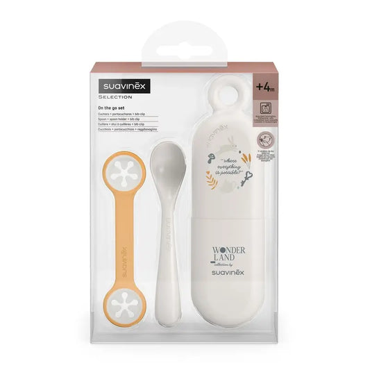 Suavinex Set cuillère + étui porte-cuillère + porte-rouge à lèvres, +4 mois, Wonderland Beige