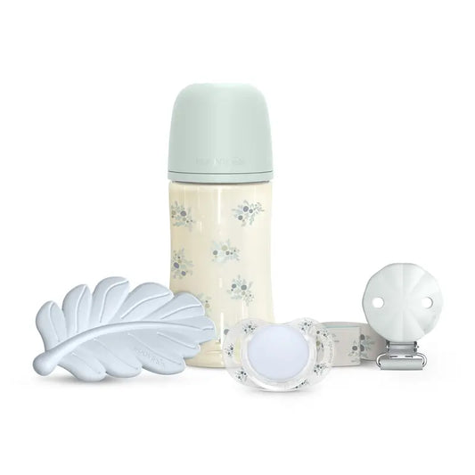Suavinex Gift Set Sucette + Sucette + Biberon 270 Ml (M) + Jouet d'éveil, Bleu