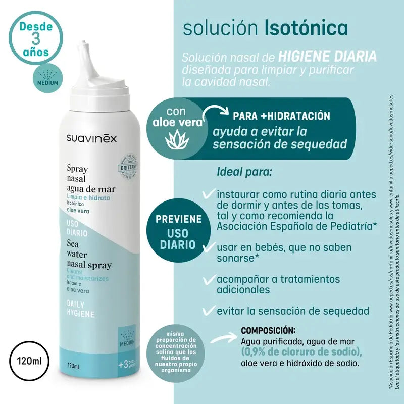 Suavinex Spray nasal isotonique pour enfants, +3 ans, hygiène quotidienne, 120 ml