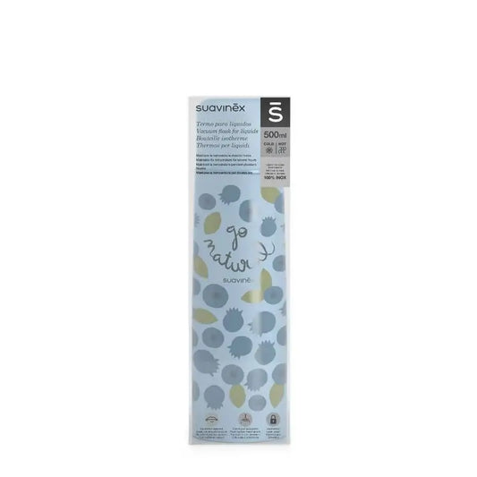 Thermos à liquide Suavinex pour bébé. Thermos en acier inoxydable avec joint hermétique. Pour boissons chaudes et froides. 500 ml. Bleu