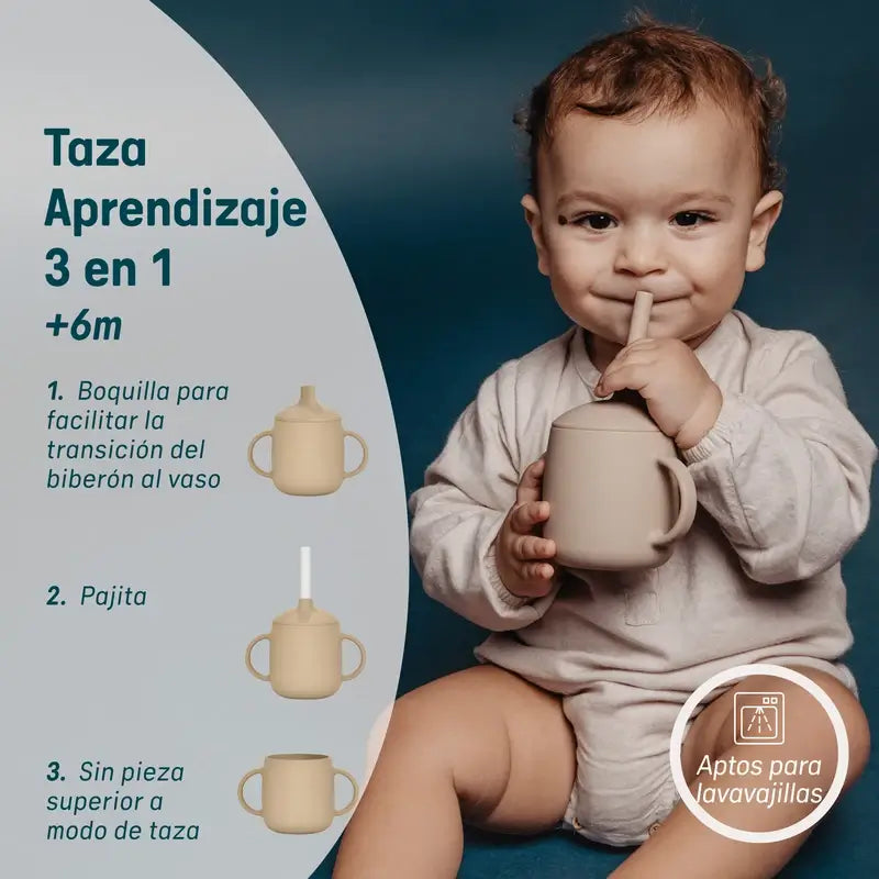 Suavinex Tasse d'apprentissage 3-en-1 en silicone, +6 mois, Beige