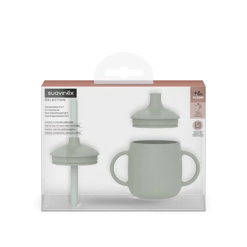 Suavinex Tasse d'apprentissage 3-en-1 en silicone, +6 mois, vert