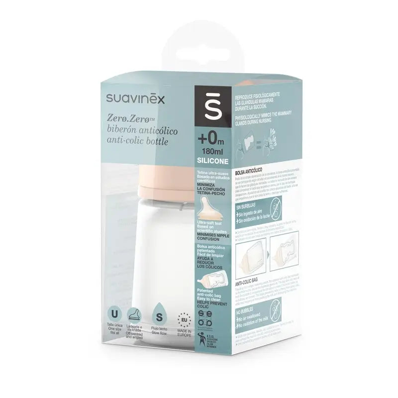 Suavinex Biberon Anti-colique Zero Zero 180 Ml, Slow Flow (S), +0 mois, Fair
